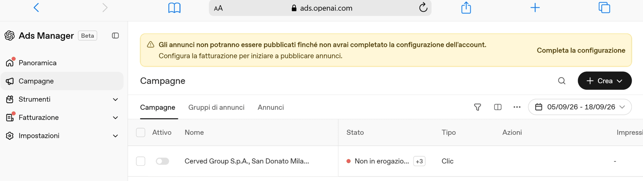 Esempio OpenAI Ads metriche