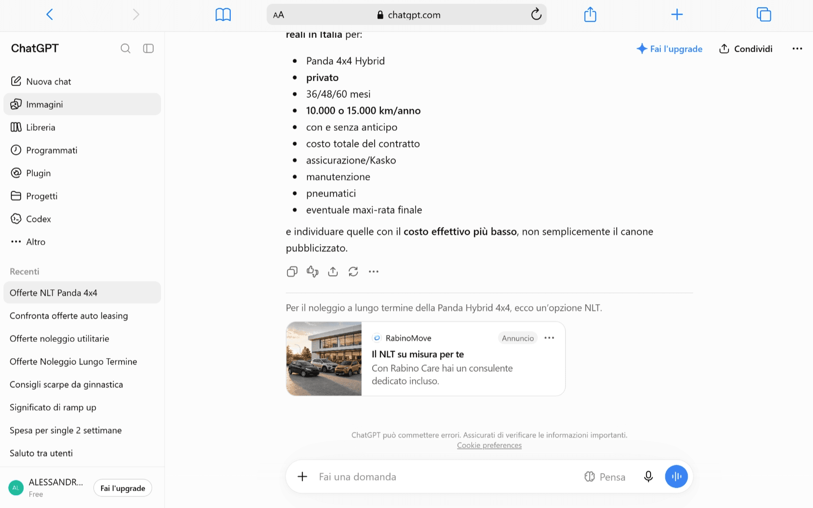 Esempio chat ChatGPT Ads
