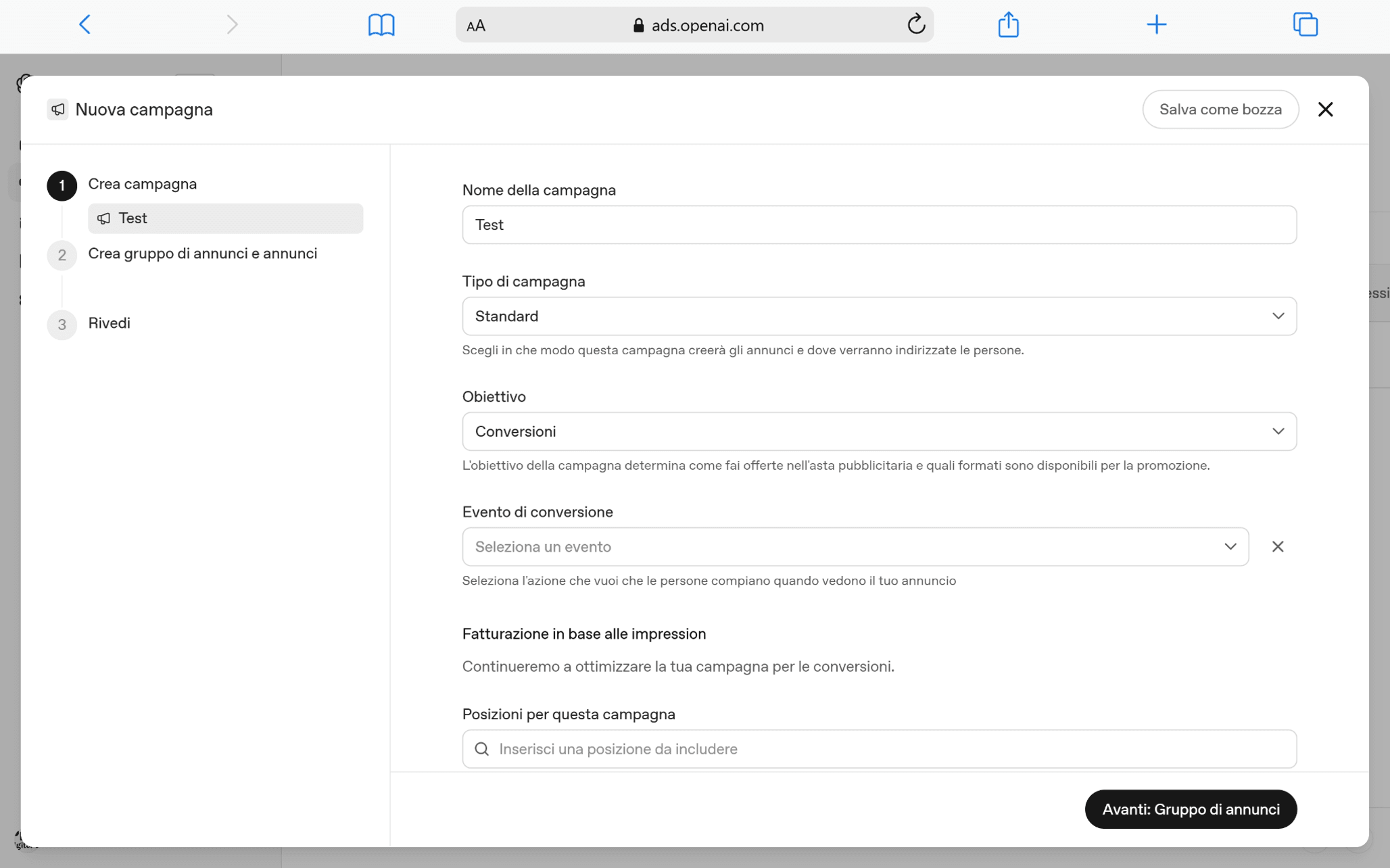Esempio vista OpenAI Ads Manager