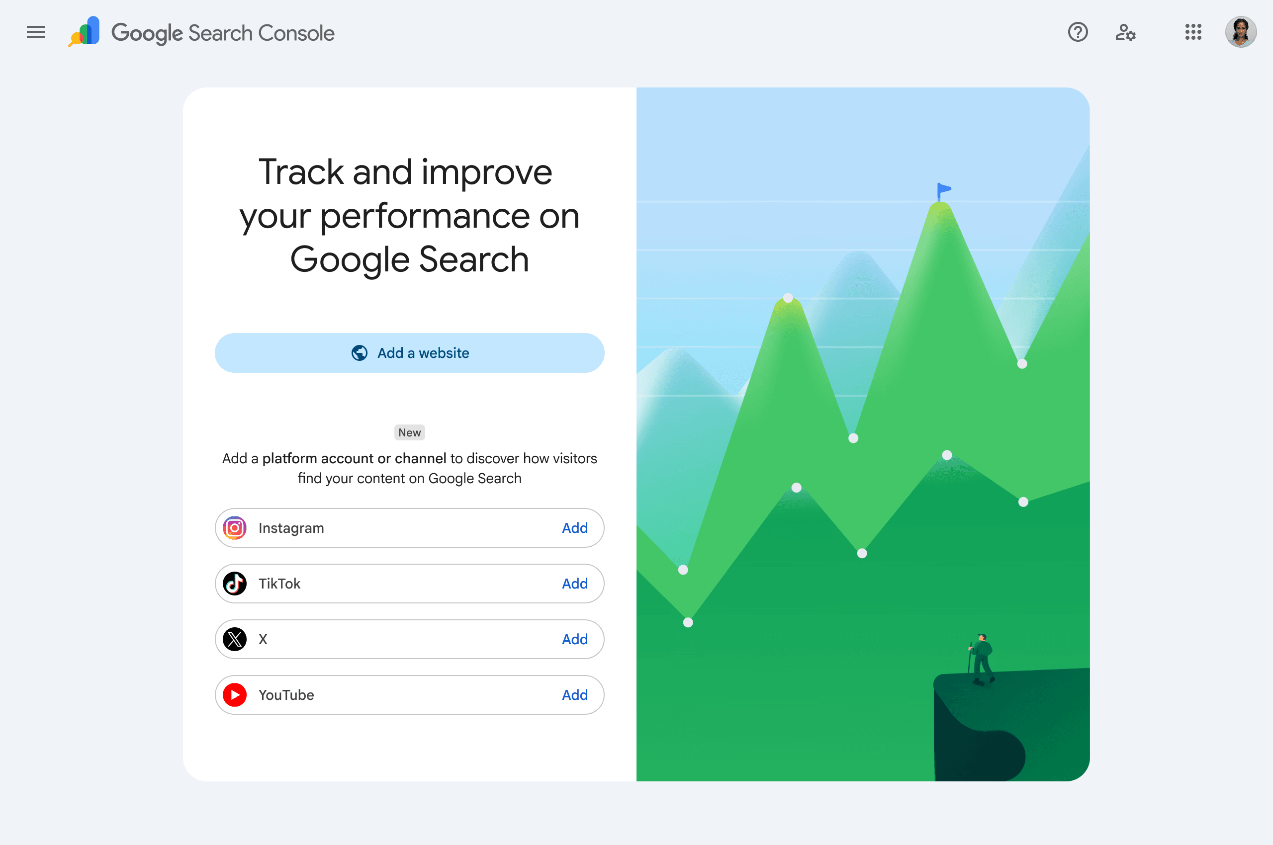 Vista di esempio di Google Search Console Platform Property